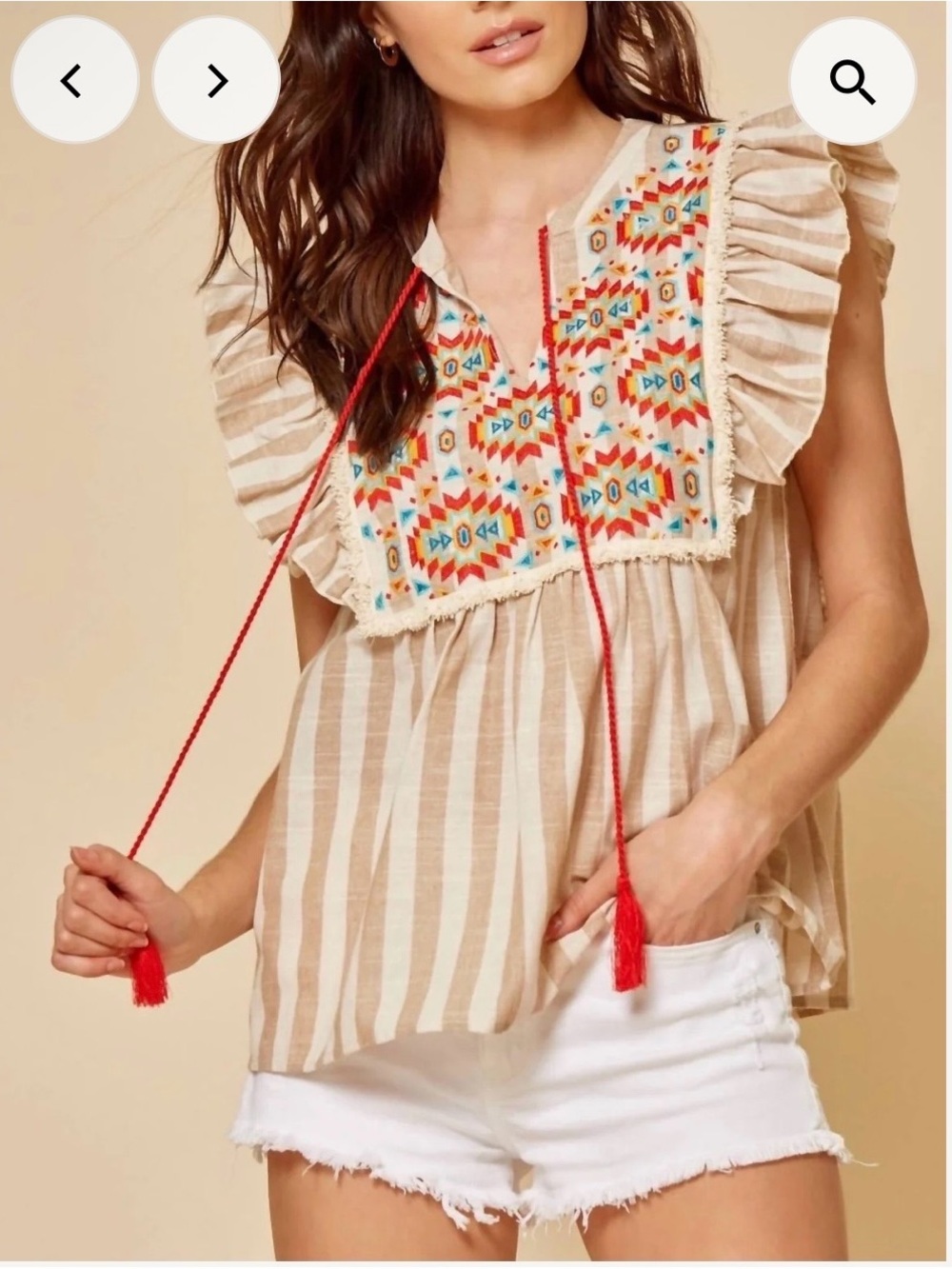 Savannah Jane Embroidered Beige Stripe Flutter Sleeve Peasant Top M